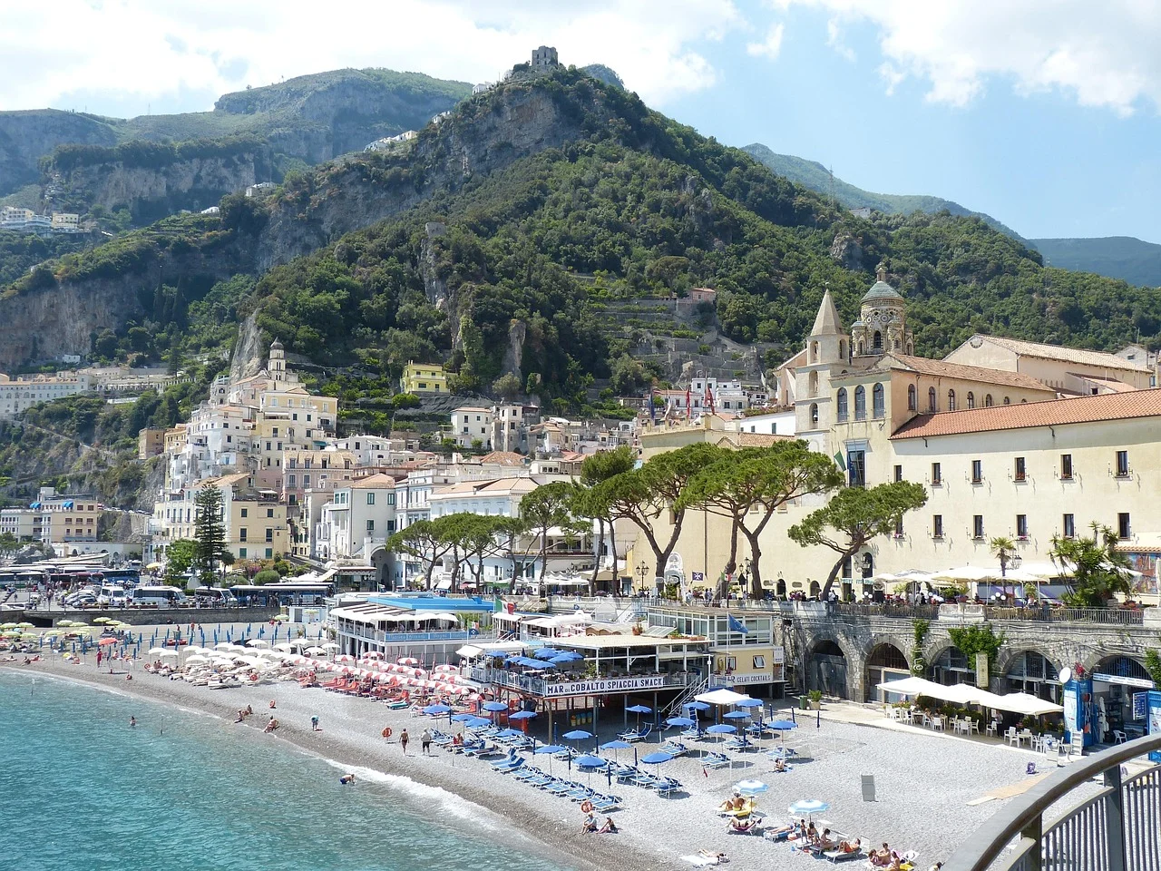 Panoramic view of Amalfi town and beach